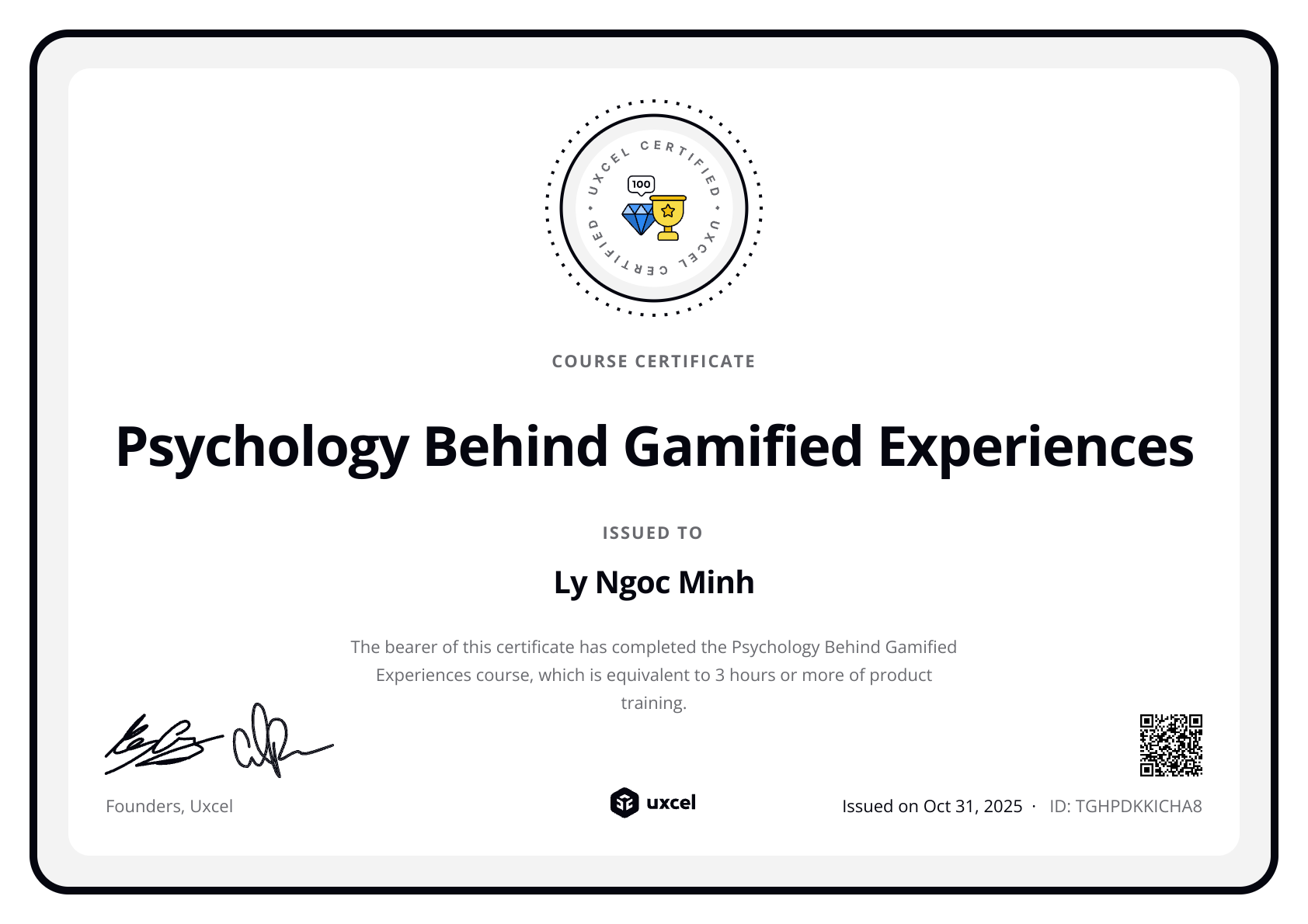 Ly Ngoc Minh's certificate